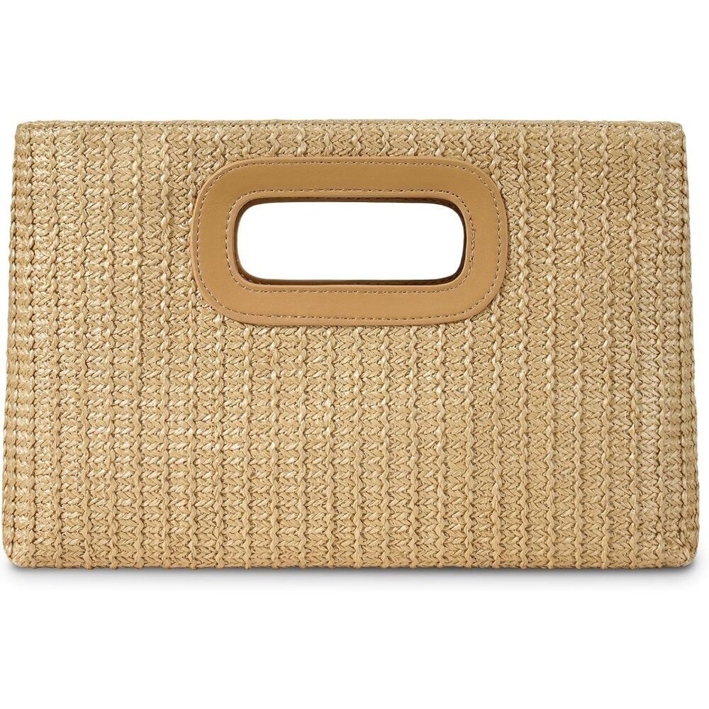 Women Straw Clutch Handbag with Gold Chain Detachable Shoulder Strap